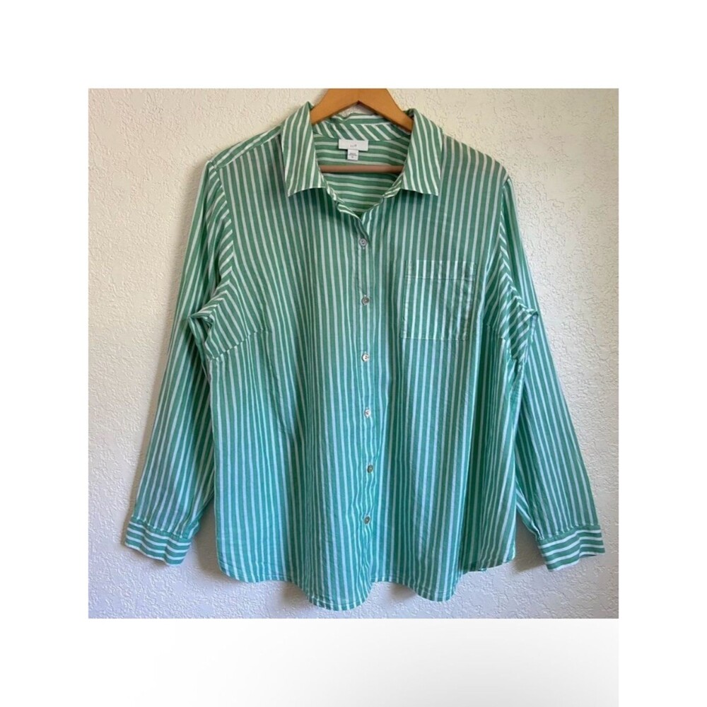 J. Jill Green Striped Button Down Lightweight Cotton Shirt